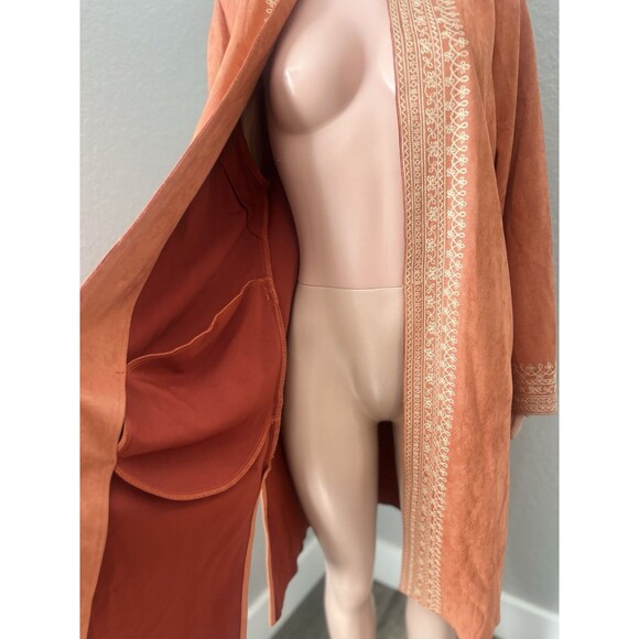 Soft Surroundings Faux Suede Orange Duster Coat Jacket Cardigan Embroidered Sz L - Picture 3 of 11